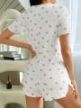 Ladies' Floral Printed Button-Up Romper With Shorts For Sleepwear