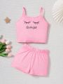 SHEIN Tween Girls' Knitted Letter Printed Tank Top And Knitted Solid Color Shorts Homewear Set