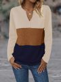 Color Block Long Sleeve Tee With Notched Neck