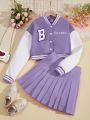 Teen Girl Letter Patched Striped Trim Drop Shoulder Varsity Jacket & Pleated Skirt