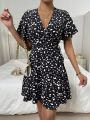 SHEIN LUNE Dalmatian Print Flounce Sleeve Ruffle Trim Wrap Knot Side A Line Dress