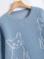 SHEIN Qutie Cat Pattern Drop Shoulder Sweater