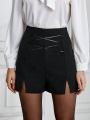 SHEIN Essnce Women's Cross Tie Waist Split Hem Casual Shorts