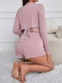 Cross Wrap Front Tie Back Top And Shorts Homewear Set