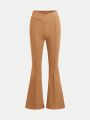 SHEIN Teen Girls' Knitted Solid V-Waist Elegant Flared Pants