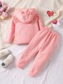 SHEIN Kids EVRYDAY Toddler Girls' Love Heart Print Hooded Casual 2-piece Set For Autumn Winter