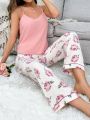 Women'S Cami Tank Top And Flower Printed Pajama Set