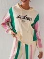 joanasays Women'S Color Block Hoodie With Drawstring And Letter Print