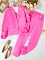 Teenage Girls' Nine Red Long Suit Jacket And Pants Set For Spring And Summer