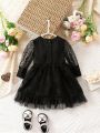 SHEIN Baby Girl Contrast Lace Bow Front Mesh Hem Dress