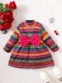 Baby Girls' Casual Geometric Printed Long Sleeve Dress With Mid-high Collar, Thickened For Autumn And Winter