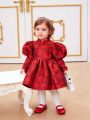 SHEIN Baby Girls' Gorgeous Chinese Style Embroidery Bubble Long Sleeve Dress