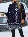 Geo Pattern Batwing Sleeve Fringe Trim Knit Poncho