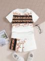 SHEIN Kids Nujoom Young Boys' Cute Baroque Print T-Shirt And Shorts Set With Round Neck