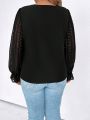 SHEIN LUNE Plus Size V-neck Lace Panel Lantern Sleeve Casual Womens' Top