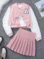 SHEIN 2pcs Girls' Baseball Jacket With Letter Embroidery And Skirt Set