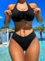 SHEIN Swim Basics Drawstring Halter Neck Bikini Set