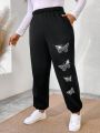 SHEIN Essnce Plus Size Women's Butterfly Rhinestone Embellished Jean Shorts