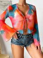 SHEIN Swim Vcay Women's Tie-Dye Printed Mesh Kimono Cardigan