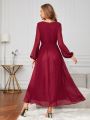 Lantern Sleeve Split Thigh Belted Chiffon Bridesmaid Dress