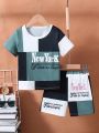 SHEIN Kids SPRTY Young Boy Color Block Letter Printed T-Shirt And Shorts With Drawstring, Casual 2pcs/Set Outfit