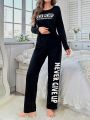 Women's Round Neck Letter Print Black Pajama Set