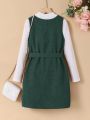 SHEIN Tween Girl 1pc Dual Pocket Belted Corduroy Tover & 1pc Overall Dress