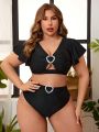 SHEIN Swim Vcay Plus Size Bikini Set With Rhinestone Heart Shaped Rings Decoration, Hollow Out Detail And Ruffled Edge