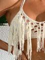 SHEIN Swim BohoFeel Tassel Detail Crochet Halter Neck Cover Up Top (bra Not Included)