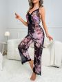 Floral Print Contrast Lace Crisscross Back Mesh Cami Sleep Jumpsuit