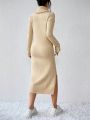 SHEIN Essnce Turtleneck Drop Shoulder Split Thigh Sweater Dress