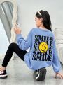 SHEIN Kids HYPEME Tween Girls' Casual Sportswear Set With Knitted Heart And Letter Printed Pullover Sweatshirt And Skinny Knitted Long Pants