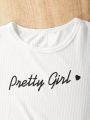 SHEIN Kids FANZEY Tween Girls' Round Neck Casual Mesh Overlay Dress With Letter Print