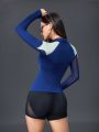 Women's Breathable Mesh Cut Out Sports Sweater Blue Jacket Slim Fit Summer Top, Activewear Matching Outfits 2024