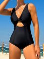 SHEIN Swim SPRTY Solid Color One-piece Swimsuit With Knot & Hollow Out Detail