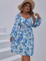 SHEIN VCAY Women's Plus Size Floral Printed Lantern Sleeve Dress With Sweetheart Neckline