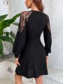 SHEIN LUNE Ladies Simple Black Lace Long Sleeve Dress