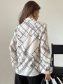 SHEIN Privé Notch Neckline Geometric Pattern Lantern Sleeve Blouse