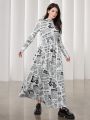 SHEIN Mulvari Women'S Long Sleeve Dress With Stand Collar And Slogan Print Design