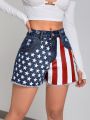 Women'S Flag, Star, Stripe Print Frayed Hem Denim Shorts