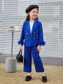SHEIN Kids Nujoom Little Girls' Double Breasted Suit Jacket With Cuff Fur And Trousers Set