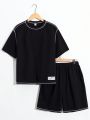 SHEIN Teen Boy Casual Comfortable Color-Block Tee With Letters Patch Detail And Shorts Set