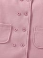 Baby Girls' Pink Double-breasted Woolen Coat With Fur Sleeves And Double Pockets