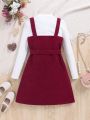 SHEIN Kids Cooltwn Big Girls' Solid Color Long Sleeve Top With Stand Collar And Suspender Dress