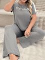 Plus Size Short Sleeve Text Pattern Casual Home Sleepwear Set