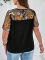 SHEIN LUNE Plus Size Embroidered Mesh Patchwork T-Shirt