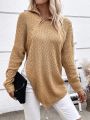 Solid Zip Up Drop Shoulder Asymmetrical Hem Sweater