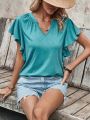 Solid Color Notched Neckline T-Shirt With Notched Ruffle Sleeves