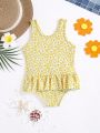 SHEIN Baby Girl Summer Vacation Floral Pattern Ruffled Strap One-Piece Swimsuit