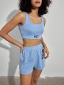 Forever 21 Women'S Letter Printed Tank Top & Solid Color Shorts 2pcs/Set